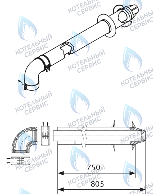 61KIT.CL.0PLC Комплект коаксиальный 0,75м без инспекционных отверстий для горизонтального прохода через стену 60/100 с пластиковым оголовком WERT ( Без дополнений) Остальные Евро котлы ( с фланцем ZZ100 ) 
