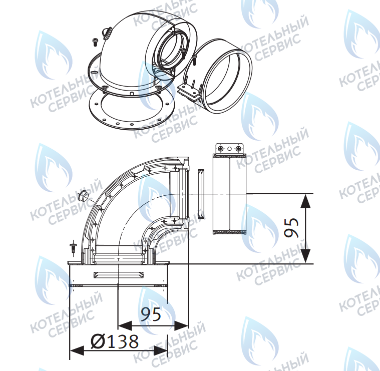 A03.001.000894 Колено коаксиальное 90° с инспекционными отверстиями, c фланцевым присоединением 8/11x5/Ø138, Ø60/100. без дополнений. Для Kentatsu Smart 2 доб. A01.013.000003,  Евро котлы (кроме WERT) 